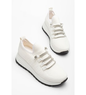 Paris Beyaz Triko Bağcıklı Taşlı Rahat Kalıp Sneaker (Karışık)
