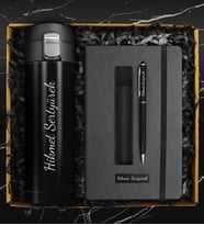 Kişiye Özel Kilitli Termos & Kişiye Özel Defter & Deri Kılıflı Touch Pen Kalem Hediye Seti