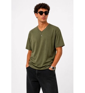 City Erkek V Yaka Basic Tişört Kısa Kol Yazlık Regular Fit T-Shirt - Haki
