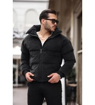 Erkek Gizli Kapüşonlu Su Ve Soğuk Geçirmez Dolum Şişme Oversize Nova Kumaş Mont Siyah