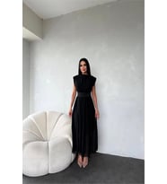 Neşeli butik kadın kuşağı taş detaylı midi şifon elbise NBMY3509 (Siyah)
