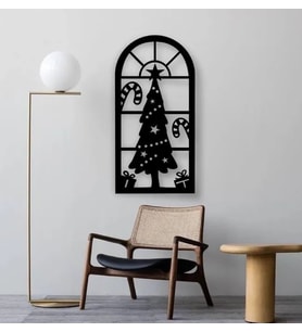 Bezhane Siyah Ahşap Noel Ağacı Pencere Tablo Duvar Dekoru 3mm Mdf Lazer Kesim  (Çok Renkli)