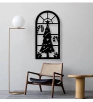 Bezhane Siyah Ahşap Noel Ağacı Pencere Tablo Duvar Dekoru 3mm Mdf Lazer Kesim  (Çok Renkli)