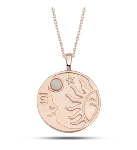 Gümüş Rose Opal Beyaz Taşlı Ay Güneş Kadın Kolye