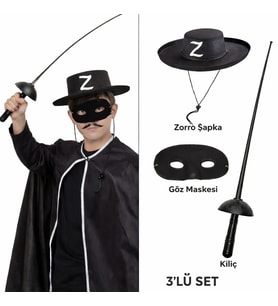 Zorro Kostüm Seti 3’lü Çocuk – Şapka, Maske ve