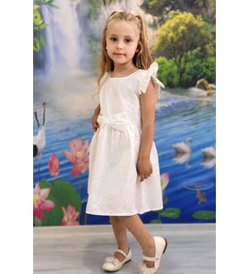 Breeze Kız Çocuk Elbise Çiçek Nakışlı Fiyonk Aksesuarlı 2-6 Yaş, Ekru