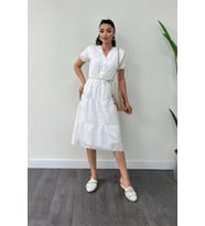 Fisto Kumaş Düğme Detaylı Mini Elbise - BEYAZ