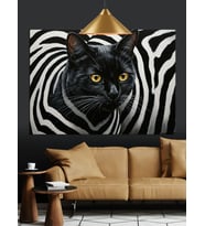Zebra Desenli Siyah Kedi Dekoratif Kanvas - Mdf Ahşap Tablo