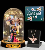 Premium Hediye Seti - Sizlere Özel Led Işıklı Fanus ve Zümrüdü Anka Kuşu Kolyesi (Model 8)