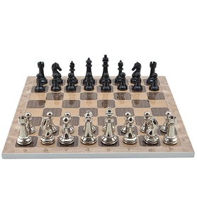 GiftHome Premium Black Metal Klasik Satranç Takımı ve Rustik Ceviz Desenli MDF Satranç Tahtası (37X37 cm.)