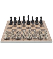 GiftHome Premium Black Metal Klasik Satranç Takımı ve Rustik Ceviz Desenli MDF Satranç Tahtası (37X37 cm.)