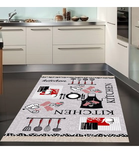 Kitchen Desenli Dijital Baskılı Kaymaz Taban Yıkanabilir Leke Tutmaz Mutfak Halısı (Gri)
