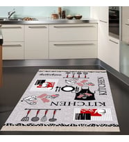 Kitchen Desenli Dijital Baskılı Kaymaz Taban Yıkanabilir Leke Tutmaz Mutfak Halısı (Gri)