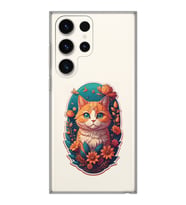 Samsung Galaxy S23 ULTRA Uyumlu Çiçek ve Kedi Tasarımlı Şeffaf Telefon Kılıfı