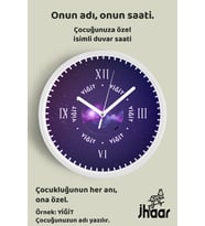 İsme Özel Soyut Yıldızlı Çocuk Odası Duvar Saati Orta Boy 30 cm Beyaz Camlı Sessiz