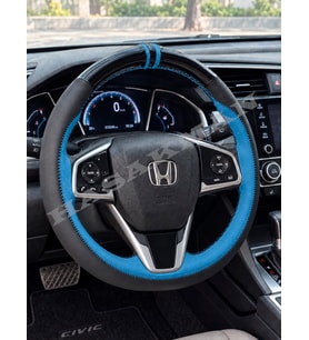 Honda Civic FC5 Dikme Direksiyon Kılıfı Parlak Siyah Mavi Detaylı Mavi Çift Yüzük ve Dikiş 2016-2021