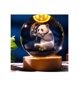 Dekoratif Işıklı Ahşap Stand'lı Tasarımlı 3D Panda Cam Küre Büyük Boy