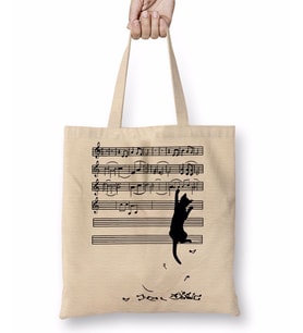 Yaramaz Komik Müzik Notalı Kedi Cat Bez Çanta Uzun Saplı