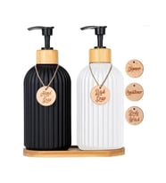 2’li Hands Dishes Siyah beyaz Dekoratif Mutfak Banyo Sıvı Cam Sabunluk Seti 500ml Bambu Stantlı Set