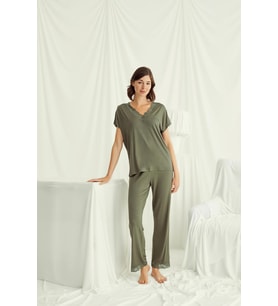 Monamise Kadın Kısa Kollu V Yakalı Dantelli Pijama Takımı 18488 