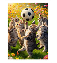 Futbol Oynayan Kediler Desenli Ahşap Tablo