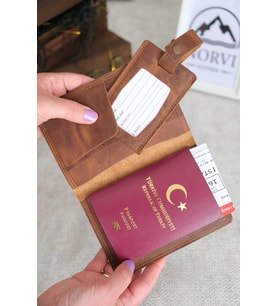 Hakiki Deri Pasaport Kılıfı ve Valiz Etiketi (Kahverengi)