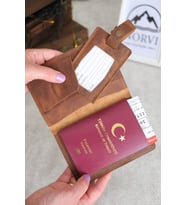 Hakiki Deri Pasaport Kılıfı ve Valiz Etiketi (Kahverengi)