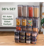 Porsima 433-GR-6 36 Lı Kare Etiketli Gıda Erzak Baharat Saklama Kabı Seti 12x(0.60+1.30+1.90) Lt Gri
