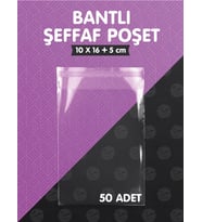 Bantlı Şeffaf Poşet (10x16+5cm)   50 Adet Parlak Jelatin Paket Hediye Poşeti -T977 (Renksiz)