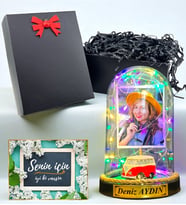 Sizlere Özel Renkli Led Işıklı Fanus Hediyesi - Siyah Hediye Kutusunda - Fotoğraflı ve İsimli (Model 2)
