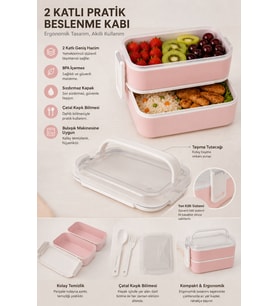 2 Katlı Plastik Kaşık Çatallı Kilitli Lunch Box Sefer Tası 7 Parça