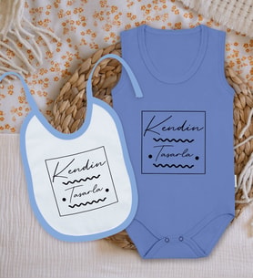 BK Kids Kişiye Özel Kendin Tasarla Mavi %100 Pamuklu Askılı Sıfır Kol Bebek Body Zıbın ve Mama Önlüğü Hediye Seti