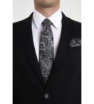 Brianze Siyah Gri Şal Motif Desen Kravat Mendil Set