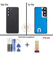Samsung Galaxy S23 Siyah Renk Lensli Arka Kapak + Tamir Seti + B7000 Yapıştırıcı Arka Cam Batarya Kapağı Pil Kapağı Lazer Kesim Back Cover Galaxy S23 Uyumlu