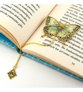 Yeşil Bahar Tonları Kelebek Altın Rengi Metal Kitap Ayracı Zincirli AY002
