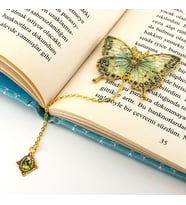 Yeşil Bahar Tonları Kelebek Altın Rengi Metal Kitap Ayracı Zincirli AY002