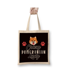 Crazy Pomeranian Lady Pommy Mommy German Spitz Puppy Pet Paw Beyaz Bez Çanta Uzun Saplı