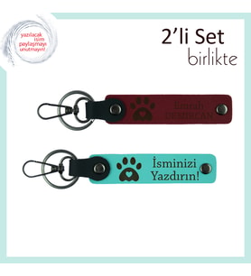 Hayvan Aşığı Çiftlere Kişisel Armağan, Kalpli Pati Figürlü 2’li Set, İsim Yazılabilir, Bordo-Turkuaz