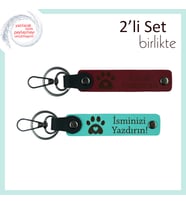 Hayvan Aşığı Çiftlere Kişisel Armağan, Kalpli Pati Figürlü 2’li Set, İsim Yazılabilir, Bordo-Turkuaz