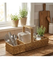 3 Bölmeli Plastik Rattan Düzenleyici–Saplı Masaüstü Organizer, Mutfak Kaşık Çatal Sepeti, Banyo &amp;amp; Ofis Çok Amaçlı Sunum Standı (5343)
