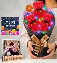 Doğum Günü Hediyesi Kişiye Özel Fotoğraflı Renkli LED Işıklı Peluş Ayıcık Buketi (Fuşya)