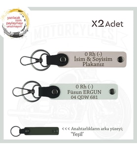 Motor Tutkunlarına Özel, İsim Plaka ve 0 Rh (-) Kan Grubu Yazılı Deri x2 Anahtarlık, Pudra-Beyaz-Ysl (Çok Renkli)