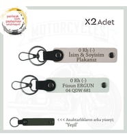 Motor Tutkunlarına Özel, İsim Plaka ve 0 Rh (-) Kan Grubu Yazılı Deri x2 Anahtarlık, Pudra-Beyaz-Ysl (Çok Renkli)