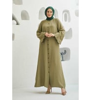 6587-Denim Düğmeli Kolları Fırfırlı Ferace Haki