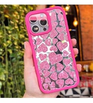 Coverzone iPhone 14 Pro Max K?l?f ile uyumlu I??lt?l? Kalpli K?l?f? Aynal?Arka Kapak Simli Kalpli Desen Yumu?ak Kenar Koruma Heart ??k ve Parlak Tasar?m Pink