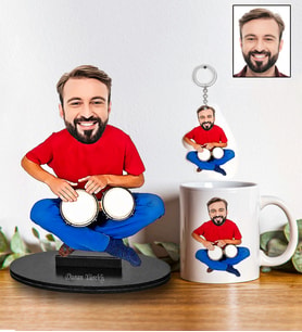 Kişiye Özel Darbuka Tasarımlı Karikatür Biblo Anahtarlık Ve Kupa Hediye Seti 108