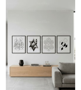 Minimalist Geometrik Soyut Çizgisel 4’lü Ahşap Çerçeveli Tablo Seti