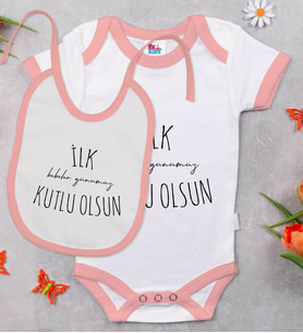 BK Kids İlk Babalar Günü Tasarımlı Pembe Bebek Body Zıbın ve Mama Önlüğü Hediye Seti-3