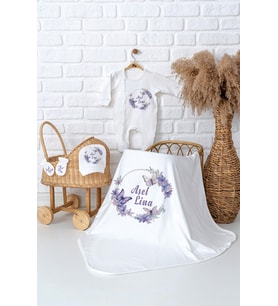 Pia Baby Premium  %100 Pamuk İsme Özel Kız Bebek Hastane Çıkışı Tulumlu Bebek Hediye Seti 5020-05 (Ekru)