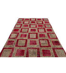 Kırmızı Halı Patchwork Stilinde Modern Salon Halısı Yün El Dokuma Yumuşak Dokulu